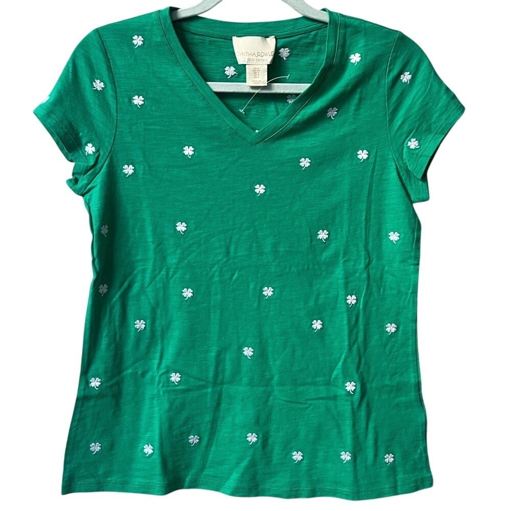 Cynthia Rowley Womens Green Shamrock Clover Embroidered V-Neck Cotton Tee Small